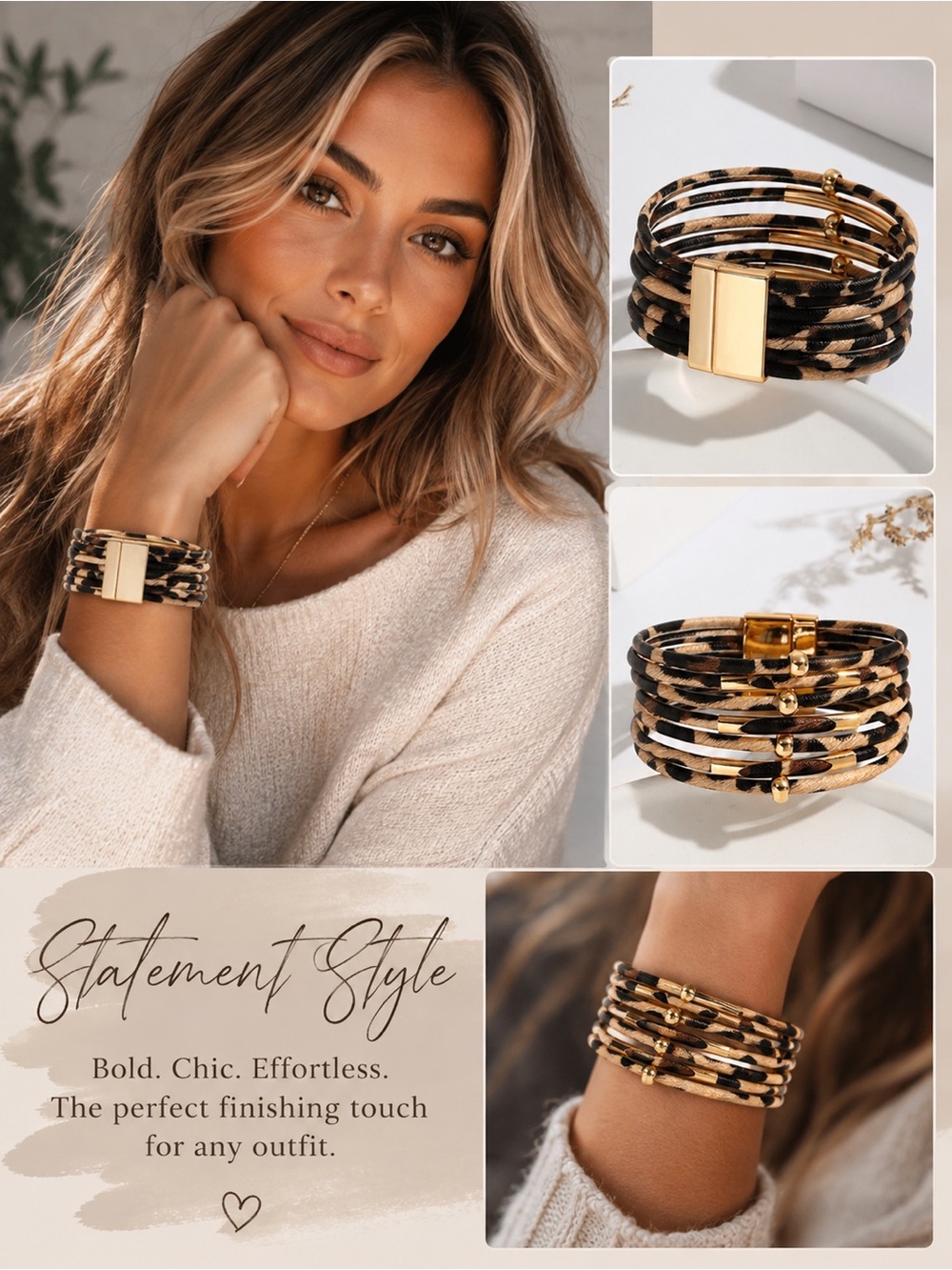 Private Label Leopard-Print Wrap Bracelet with Gold Magnetic Clasp - Picture 2 of 3